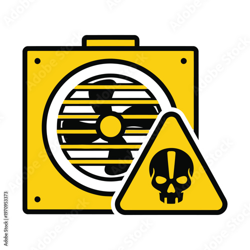 Industrial ventilation fan with a toxic hazard warning sign, indicating dangerous air quality or harmful substances.
