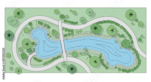 Landscape architectural plan of public park, top view garden design with lake and bridge, urban green space vector illustration