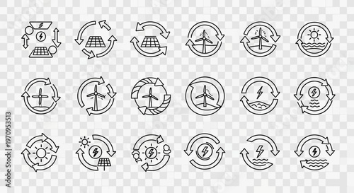 Renewable Energy Icons Set: Solar, Wind, Hydro Power & Sustainability Line Art Doodles