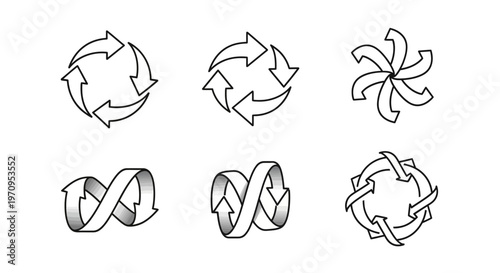 Set of Arrow Symbols: Recycling, Rotation, Infinity Loops, and Circular Process Icons