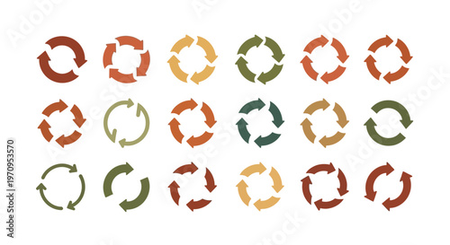 Set of Circular Arrow Icons in Earthy Tones: Cycle, Refresh, and Repeat Symbols