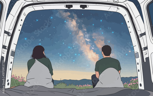 Couple stargazing from the back of a van during a clear night in the countryside