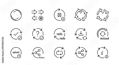 Sketchy UI Icons Set: Refresh, Share, Upload, Download, Redo, and Process Symbols