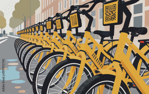 Rows of yellow bikes parked on a city street with QR codes visible on each bike near buildings and trees in clear weather