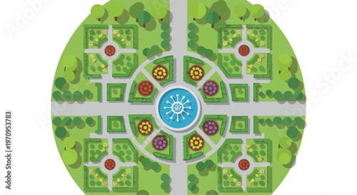 Symmetrical garden landscape plan, aerial view of park with central water fountain, formal garden design with green hedges and flower beds