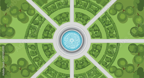 Symmetrical garden landscape from top view, formal park with central water fountain, aerial green hedge maze and walking paths, vector illustration