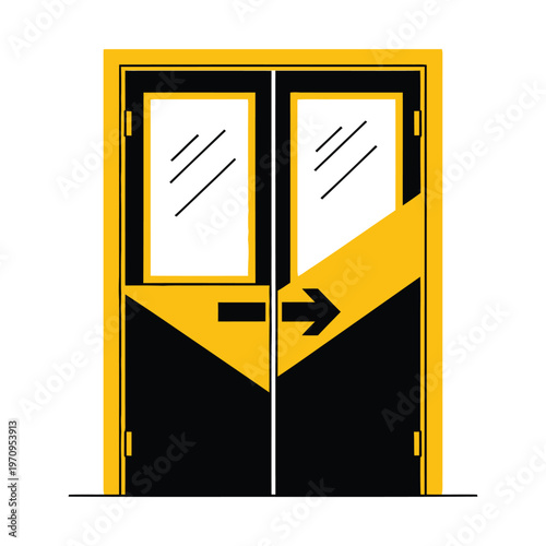 Modern graphic illustration of a black and yellow double door with windows and a right-pointing arrow, indicating an exit or entrance.