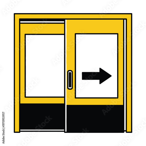 Yellow and black sliding door with a right-pointing arrow, indicating direction of movement or exit.