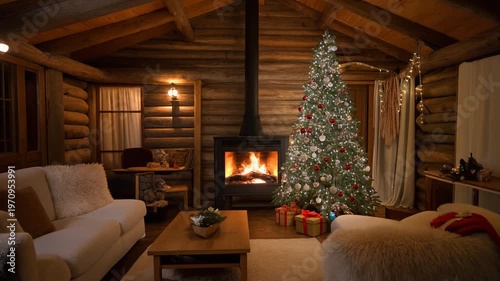 Interior of a rustic log cabin living room featuring a decorated Christmas tree with lights beside a burning fireplace, white sofas, wooden furniture, and wrapped holiday gift boxes.