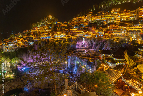 Furong Ancient Town is more than 2000 years old and home to the Tujia and Miao people, ethnic minorities in China, with lighting waterfall, The famous tourist destination at Hunan Province, China