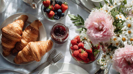 Mother's Day brunch table top view with golden croissants, fresh berries, jam. Pink carnations and daisies with dew. Cinematic soft morning light, warm atmosphere. Copy space on right for text/logo.