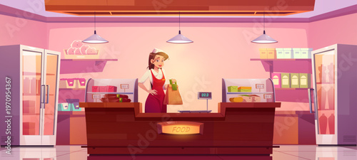 Grocery shop with woman seller hold paper package