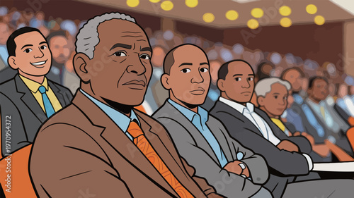 Business leaders sit in an audience during a conference, focusing on the speaker at the front of the room in a well-lit venue