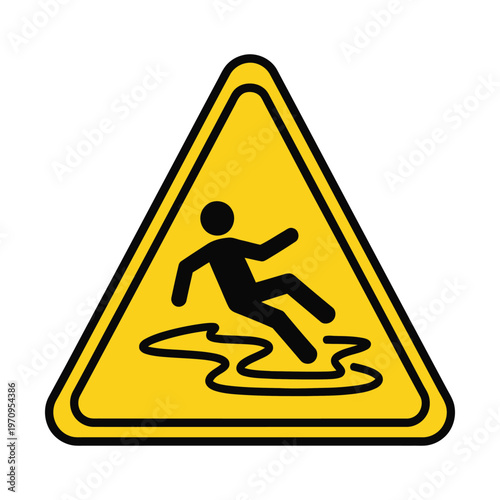 Yellow wet floor sign vector, slippery surface warning icon, caution triangle with falling person pictogram, safety hazard alert symbol