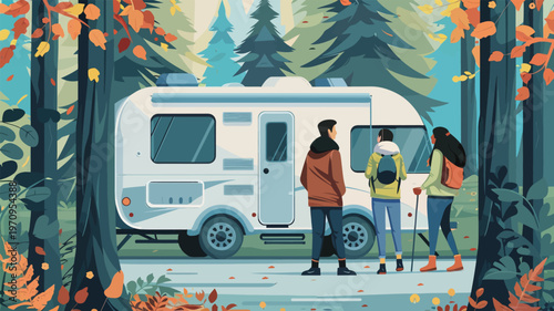 Two people stand near a camper in a forest during autumn while surrounded by colorful leaves and tall trees