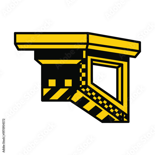 Stylized graphic illustration of a yellow and black speed camera or traffic monitoring device with geometric patterns.