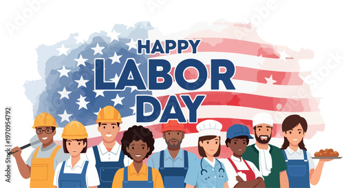 Happy Labor Day banner with diverse workers, American flag background with stars and stripes, patriotic US holiday celebration EPS vector illustration