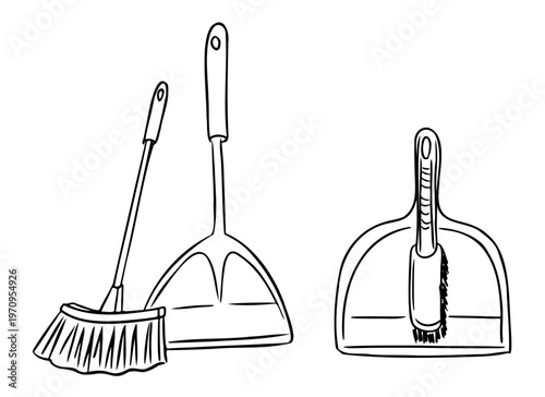 Illustration of a broom and dustpan set, featuring a traditional broom with bristles and a dustpan with a small brush, designed for cleaning tasks in home environments