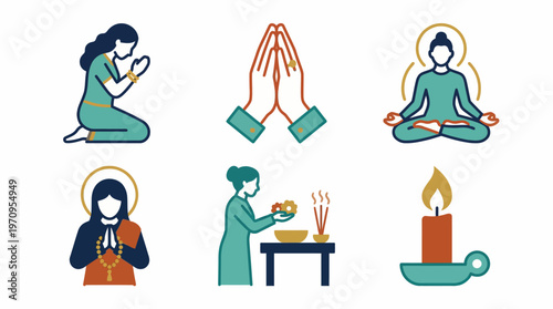 A serene illustration depicting various meditation and mindfulness practices in a peaceful setting