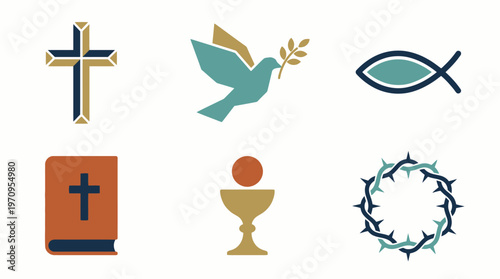 A collection of Christian symbols and icons on a white background