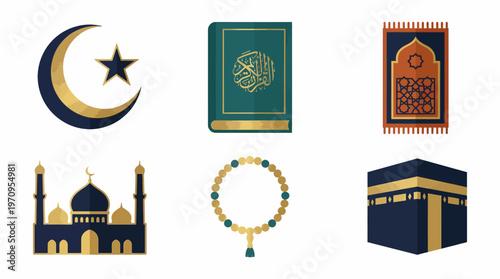 A collection of Islamic symbols and icons on a white background