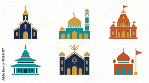 A collection of colorful religious buildings from around the world in a graphic illustration
