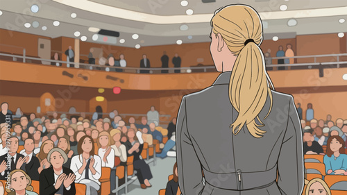 Speaker addresses audience in a large hall during event in daylight hours with attendees focused on presentation