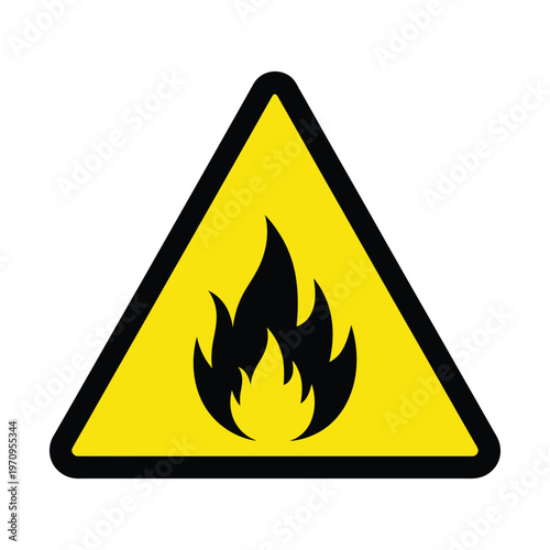 Yellow triangular warning sign with a black border and a black flame symbol indicating fire hazard or flammable materials.