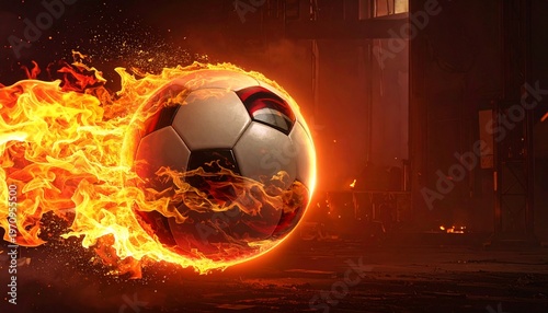 Soccer Ball Engulfed in Fiery Flames with Intense Energy and Dynamic Motion in a Dark, Mysterious Setting, Symbolizing Passion, Power, and Extreme Performance