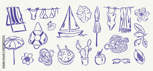 whimsical summer vacation  collection with beach umbrella swimsuit sailboat tropical fruit flower shell sunglasses and picnic elements. hand draw minimal line art illustration set