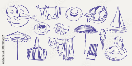 summer  collection with beach umbrella swimsuit sailboat tropical fruit flower shell sunglasses and picnic elements. minimal line art hand draw  illustration set