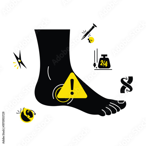 Illustration of a human foot with a warning sign, surrounded by various icons representing common foot injuries, hazards, and medical conditions.