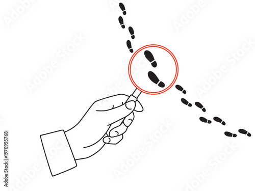 Hand with a magnifying glass look at the human footprint - outline design element with red accent. Vector illustration isolated on a white background