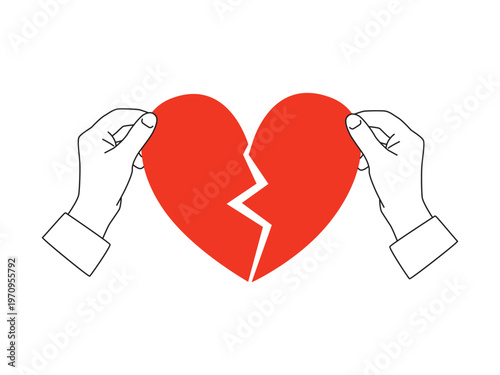 Hands holding a red broken heart - outline design element with red accent. Vector illustration isolated on a white background