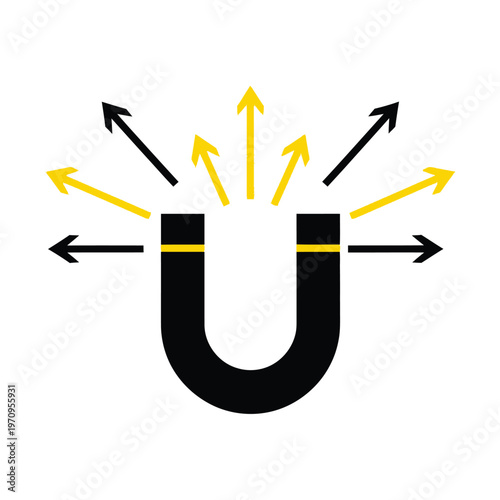 A black horseshoe magnet with yellow and black arrows radiating outwards, symbolizing attraction, influence, or a magnetic field.