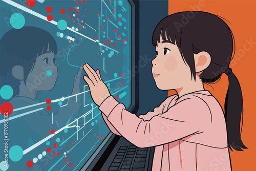 Child interacts with touch screen and explores digital interface with curiosity and interest in technology