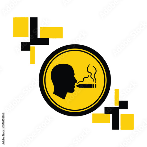 Yellow and black circular sign depicting a person smoking a cigarette, surrounded by abstract geometric shapes.