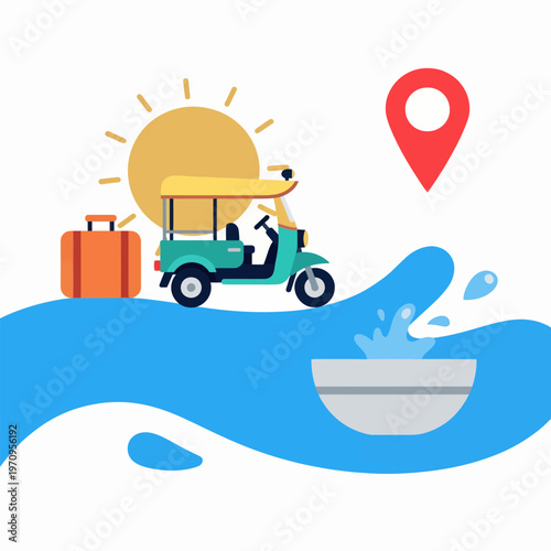 Tuk-tuk scooter with luggage, sun, location pin, and water splash