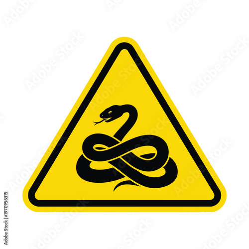 Yellow triangular warning sign with a black border and a coiled snake symbol indicating danger or caution.