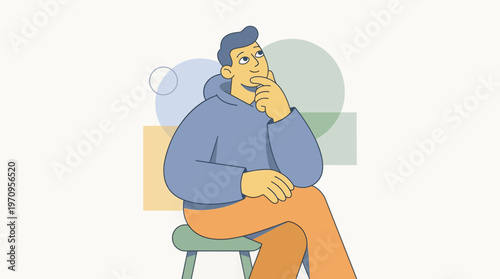Thoughtful contemplation: A man is seated and pondering, his gaze drifting upward as his hand gently touches his chin. Surrounded by simple geometric shapes.