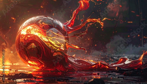 Fiery Soccer Ball Impact with Liquid Splash and Glowing Embers on a Dark, Textured Ground for Dynamic Effect Background