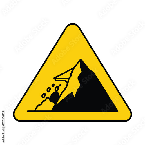 Yellow triangular warning sign indicating falling rocks hazard from a cliff or mountain.