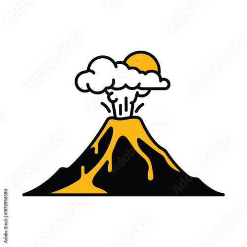 Cartoon illustration of an erupting volcano with flowing lava, smoke, and a sun in the background, featuring a bold black outline.