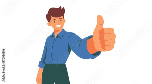 Confident Approval: A smiling individual in a blue shirt gives a cheerful thumbs up, exuding positivity and satisfaction.