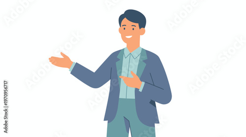 Elegant Presentation: A refined gentleman, radiating confidence in a professional business attire, gracefully gestures with open hands, inviting engagement and conveying expertise.