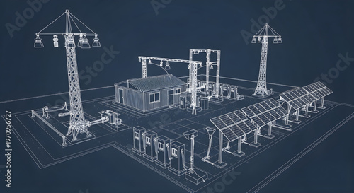 Solar Construction Lighting Tower and Charging Tools AutoCAD Blueprint Vector – Temporary Site Power Equipment Multi View Technical Drawing White Outline on Dark Blue