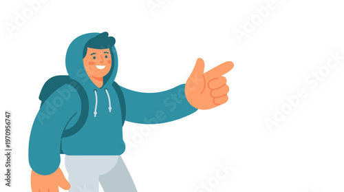 Confident Direction: A young individual, donned in a hooded garment, confidently points forward, ready to guide or indicate. conveying a sense of optimism and direction.
