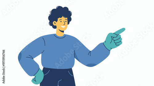Pointing the way: A cheerful figure, dressed in casual attire, extends a gloved hand to indicate direction, offering a sense of guidance.