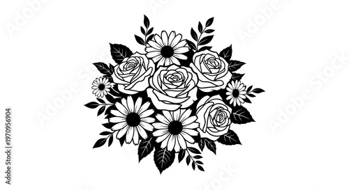 Black and white floral bouquet illustration.