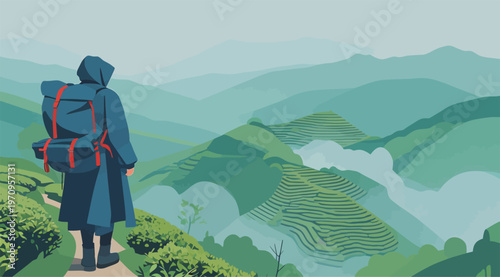 Hiker with backpack on a trail in a green mountain landscape during the day